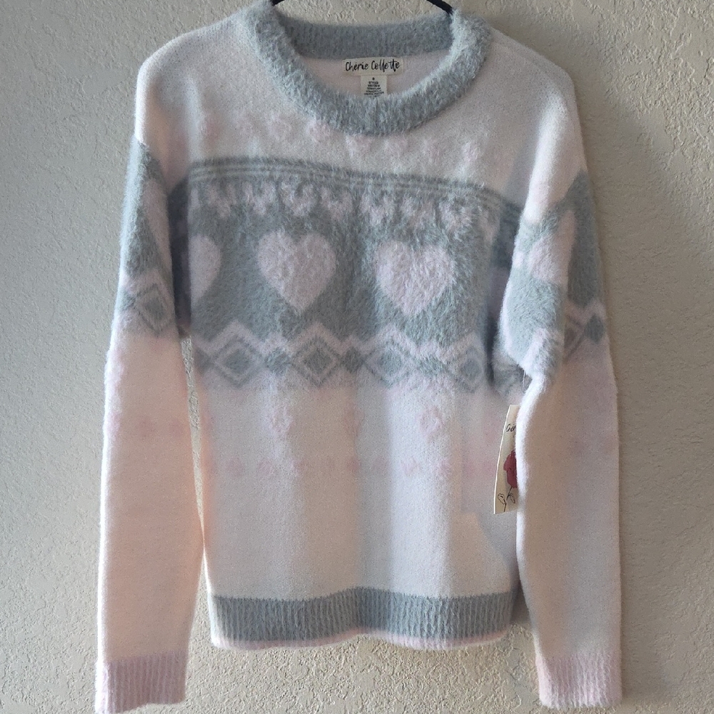 Cozy Crewneck Heart Pattern Sweater in Pink & Light Gray